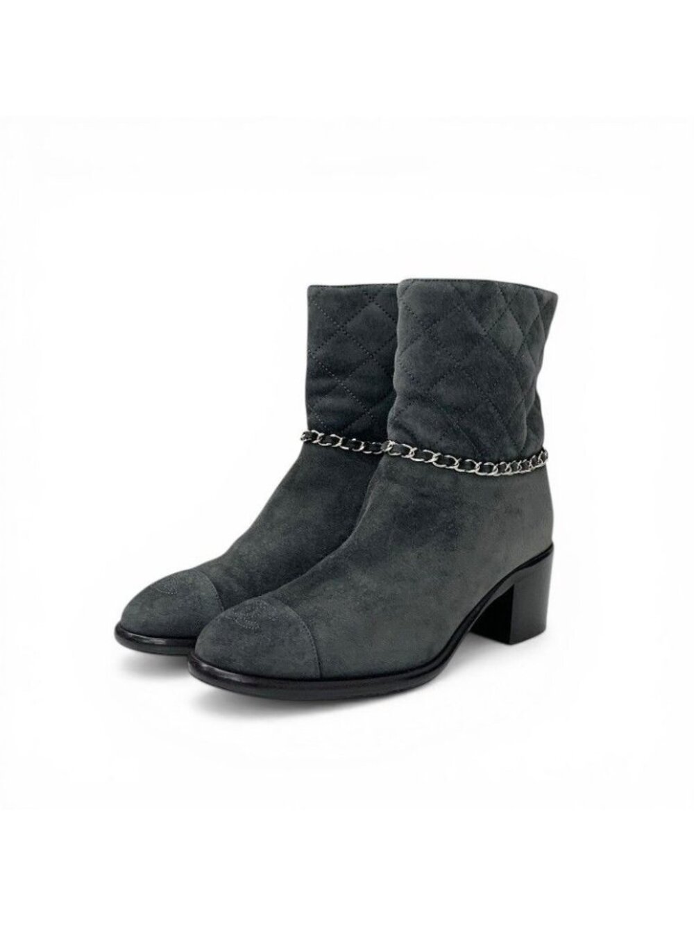 Chanel Boots Short Shoes Suede Gray Silver CC Logo Quilted Chain